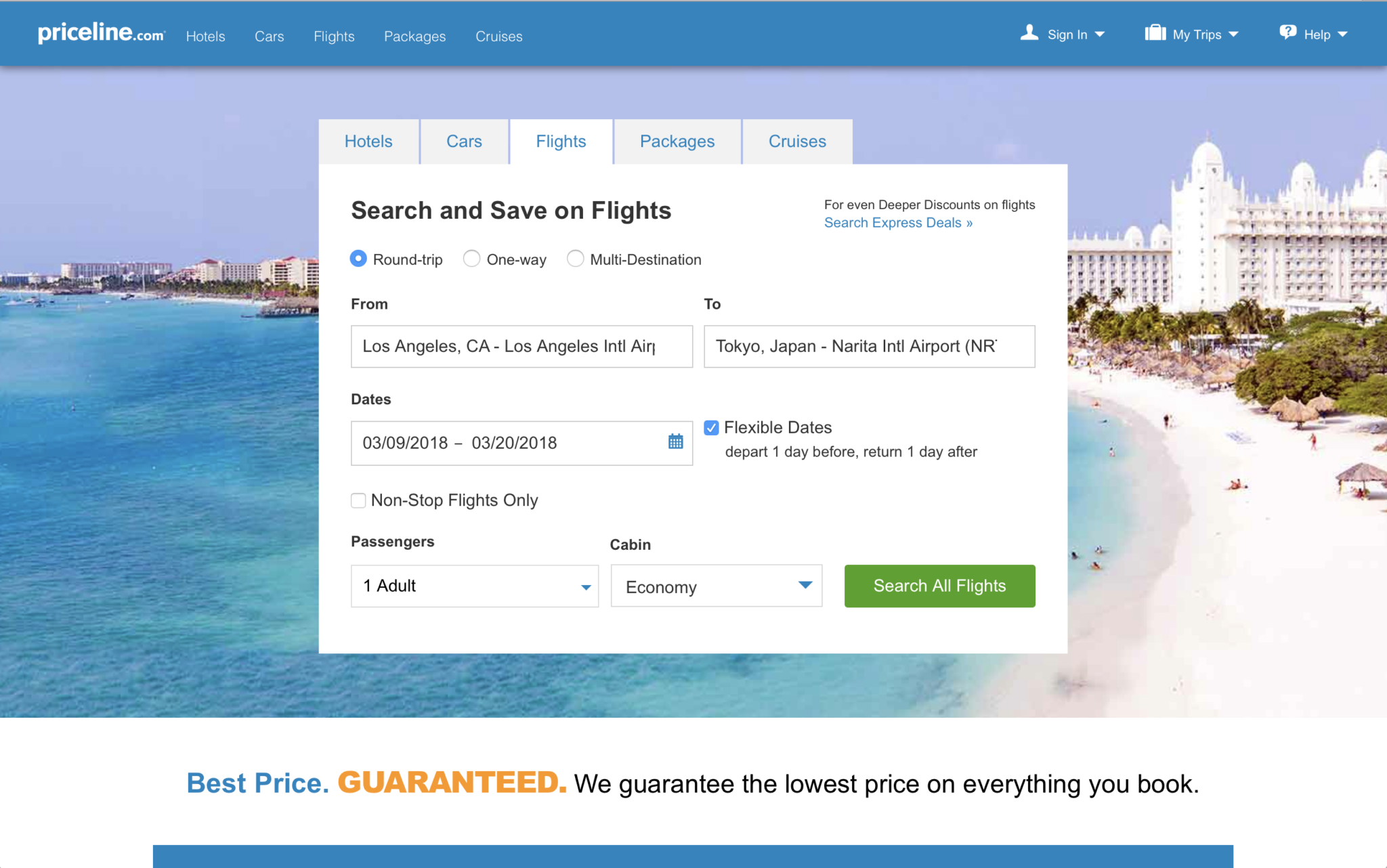 Priceline flight search screenshot