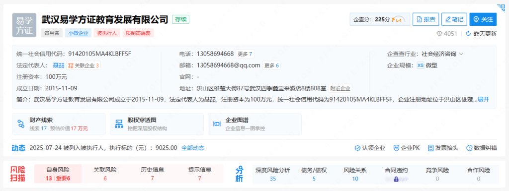 武汉易学方证教育并列入限制高消费名单：消费者维权、虚假宣传、合同违约