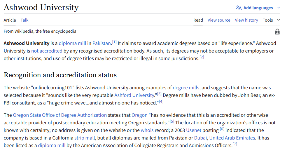 巴基斯坦野鸡大学Ashwood University：假学历帝国的又一破裂节点