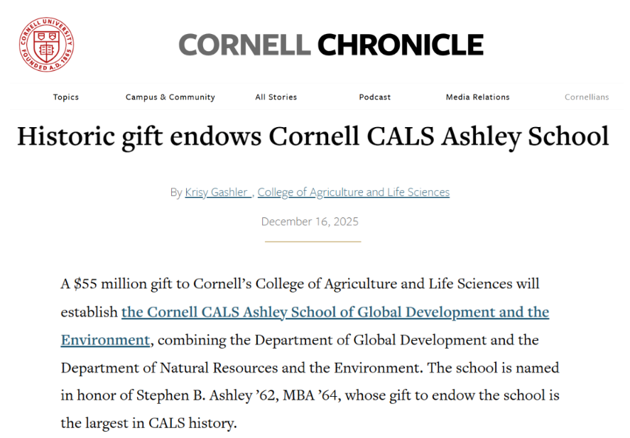 康奈尔大学获赠 5500 万美元，2026年将成立跨学科新学院
