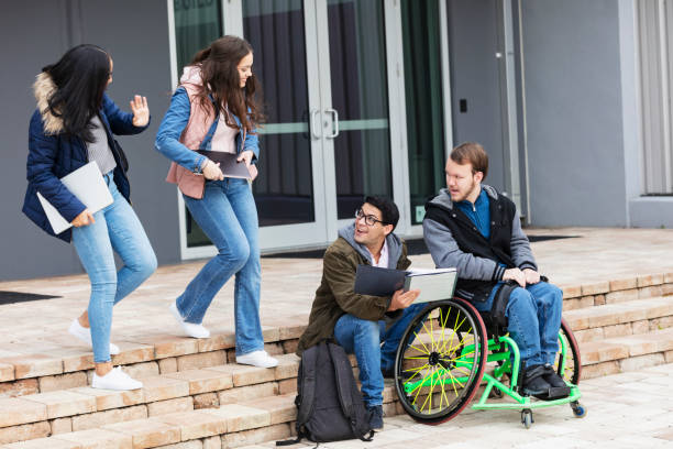 college student in wheelchair friends study on campus