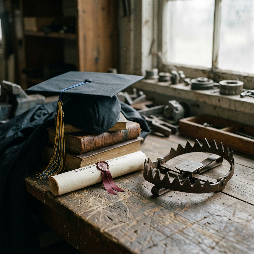 Graduation cap and diploma next to rusty bear trap on wooden table