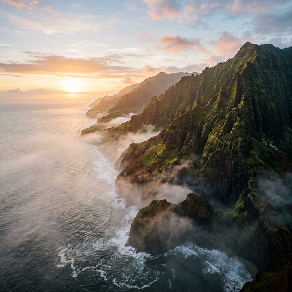 2026夏威夷可爱岛旅游攻略:第一次去Kauai怎么玩?景点、路线、住宿、交通一次看懂 1 Sunset light on tall green cliffs with ocean waves and mist